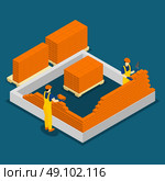 Building Construction Workers Isometric Banner. Building red brick wall construction process isometric banner with two masons at work abstract vector illustration. Стоковая иллюстрация, агентство Ingram Publishing / Фотобанк Лори