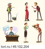 Journalist retro cartoon set. Journalist characters retro cartoon set with reporter camera man and interviewer isolated vector illustration. Стоковое фото, агентство Ingram Publishing / Фотобанк Лори