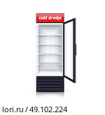 Refrigerator Empty Open Realistic Illustration. Modern vertical refrigerator with open transparent front panel for cooling drinks realistic background isolated vector Illustration. Стоковая иллюстрация, агентство Ingram Publishing / Фотобанк Лори
