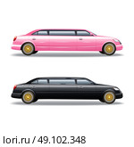 Two Limousine Icons Set . Luxury limousine car for celebrities or government politicians two isolated banners icons in pink and black vector illustration . Стоковая иллюстрация, агентство Ingram Publishing / Фотобанк Лори