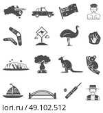 Australia Black White Icons Set . Australia black white icons set with kangaroo and koala flat isolated vector illustration . Стоковая иллюстрация, агентство Ingram Publishing / Фотобанк Лори