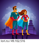 Super Heroes Couple. Super heroes couple man and woman standing with the cityscape vector illustration. Стоковая иллюстрация, агентство Ingram Publishing / Фотобанк Лори