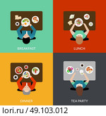 Meal Time Set. Flat icon set with eating people with different variants of meal top view vector illustration. Стоковая иллюстрация, агентство Ingram Publishing / Фотобанк Лори