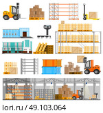  Warehouse Icons Set . Warehouse orthogonal icons set with loader and cargo flat isolated vector illustration . Стоковая иллюстрация, агентство Ingram Publishing / Фотобанк Лори