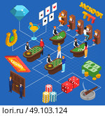 Casino Interior Isometric Concept. Casino interior isometric concept with croupier at gaming tables slot machines chips and cards vector illustration . Стоковая иллюстрация, агентство Ingram Publishing / Фотобанк Лори