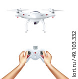 Unmanned Drone With Remote Controller . Unmanned drone with remote radio controller in human hands realistic concept vector illustration. Стоковая иллюстрация, агентство Ingram Publishing / Фотобанк Лори
