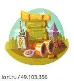 Hiking Equipment Concept . Hiking equipment cartoon concept with rucksack binoculars and compass vector illustration . Стоковая иллюстрация, агентство Ingram Publishing / Фотобанк Лори