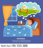 Insomnia People Problems Flat Poster. Insomnia sleep disorder symptoms with sleepless night cure tips flat poster abstract vector illustration . Стоковая иллюстрация, агентство Ingram Publishing / Фотобанк Лори