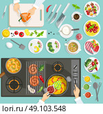 Chef Workplace Top View. Chef workplace top view with dishes and utensils cooker surface grill vector illustration . Стоковая иллюстрация, агентство Ingram Publishing / Фотобанк Лори
