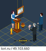 Isometric Auction Process Abstract. Isometric auction process abstract with bidding man and female auctioneer vector illustration. Стоковая иллюстрация, агентство Ingram Publishing / Фотобанк Лори