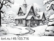 Wintry Artwork Depicting a Breathtaking House in a Snowy Wonderland. Стоковое AI-изображение, AI-художник Данила Большаков / Фотобанк Лори