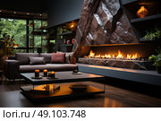 Elegant Coziness: beautifully designed living room adorned with a plethora of furniture pieces, featuring a warm and inviting fireplace as the focal point. Стоковое AI-изображение, AI-художник Данила Большаков / Фотобанк Лори