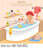 Hot Bath Poster. Hot bath poster with woman in soapy water cat on mat and hygiene items vector illustration. Стоковая иллюстрация, агентство Ingram Publishing / Фотобанк Лори