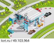 Isometric Composition Of Gas Station. Isometric poster of gas station composition with gas and fuel refill service shop and cars vector illustration. Стоковая иллюстрация, агентство Ingram Publishing / Фотобанк Лори