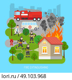  Firemen At Work Concept Flat Poster . Firefighters rescuing child in fire extinction action scene with fire truck and ambulance flat abstract poster vector illustration. Стоковая иллюстрация, агентство Ingram Publishing / Фотобанк Лори
