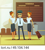 Airlines Cartoon Illustration . Airlines cartoon background with pilot and stewardess in airport hall vector illustration. Стоковая иллюстрация, агентство Ingram Publishing / Фотобанк Лори