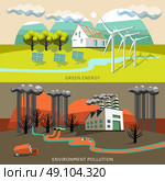 Green Energy And Environment Pollution Banners. Green energy and environment pollution banners with soiling and cleanness of air  mountains rivers isolated vector illustration . Стоковая иллюстрация, агентство Ingram Publishing / Фотобанк Лори