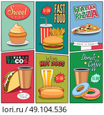 Comic Fast Food Mini Posters Collection . Fast food mini posters composition in comic panels retro style with colorful backgrounds advertisement abstract vector illustration . Стоковая иллюстрация, агентство Ingram Publishing / Фотобанк Лори