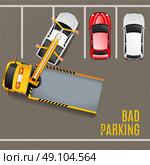 Bad Parking Top View Background. Bad Parking Top View Background. Tow Truck Vector Illustration. Bad Parking Cartoon Design. Tow Truck Working Decorative Symbols. . Стоковая иллюстрация, агентство Ingram Publishing / Фотобанк Лори