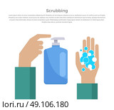Scrubbing hand with soap design banner. Web page banner poster and hand washing instructions. Hygiene clean soap and care, hand washing water scrubbing and sanitary flat style. Vector illustration. Стоковая иллюстрация, агентство Ingram Publishing / Фотобанк Лори