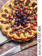 ruddy meat pie. Delicious homemade steak pie with vegetables and plum jam in rustic style. Стоковое фото, агентство Ingram Publishing / Фотобанк Лори