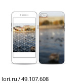 Mobile smartphone with an example of the screen and cover design isolated on white background. Polygonal background, blurred image, urban landscape, cityscape, modern stylish triangular vector texture. Стоковая иллюстрация, агентство Ingram Publishing / Фотобанк Лори