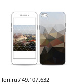 Mobile smartphone with an example of the screen and cover design isolated on white background. Polygonal background, blurred image, urban landscape, cityscape of Prague, modern triangular texture. Стоковая иллюстрация, агентство Ingram Publishing / Фотобанк Лори