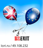 Brexit concept. Scissors cutting EU and UK balloons away from each other. Vector. Стоковая иллюстрация, агентство Ingram Publishing / Фотобанк Лори