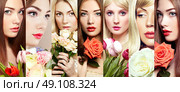 Beauty collage. Faces of women. Beautiful women with flowers. Fashion photo. Стоковое фото, агентство Ingram Publishing / Фотобанк Лори