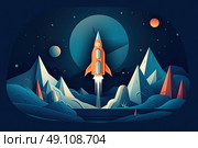 Stellar Ascend: A Mesmerizing Rocket Pierces the Enigmatic Night Sky. Стоковое AI-изображение, AI-художник Данила Большаков / Фотобанк Лори