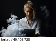 Enigmatic Woman Immersed in Pensive Work Surrounded by Mystic Vapors. Стоковое AI-изображение, AI-художник Данила Большаков / Фотобанк Лори