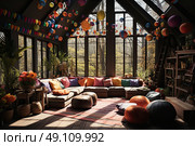 Illuminated Haven: vibrant room bursting with an array of furniture pieces, where an abundance of windows flood the space with natural light. Стоковое AI-изображение, AI-художник Данила Большаков / Фотобанк Лори