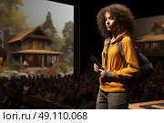 Thoughtful young woman, radiating confidence, stands before a captivated audience, captivating everyone with her powerful presence. Стоковое AI-изображение, AI-художник Данила Большаков / Фотобанк Лори
