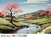 Serenity Unveiled: A Bucolic River Meandering Amidst a Verdant Countryside. Стоковое AI-изображение, AI-художник Данила Большаков / Фотобанк Лори