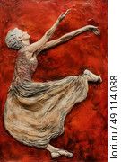 Painting depicting elderly woman joyfully dancing on a vibrant red background, capturing the energy and movement of the moment. Стоковое AI-изображение, AI-художник Данила Большаков / Фотобанк Лори