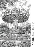 A detailed black and white drawing showcasing a thrilling carnival ride in motion, complete with twisting tracks and excited riders. Стоковое AI-изображение, AI-художник Данила Большаков / Фотобанк Лори