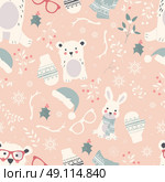 Seamless Merry Christmas patterns with cute polar animals, bears, rabbits, vector illustration. Стоковая иллюстрация, агентство Ingram Publishing / Фотобанк Лори