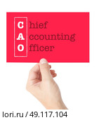 Chief Accounting Officer explained on a card held by a hand. Стоковое фото, агентство Ingram Publishing / Фотобанк Лори