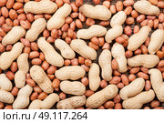 Peanuts scattered on a wooden table. Background with nuts. Стоковое фото, агентство Ingram Publishing / Фотобанк Лори