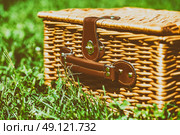 Picnic Basket Hamper With Leather Handle In Green Grass. Стоковое фото, агентство Ingram Publishing / Фотобанк Лори