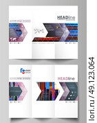 Tri-fold brochure business templates on both sides. Easy editable abstract layout in flat design, vector illustration. Glitched background made of colorful pixel mosaic. Digital decay, signal error, television fail. Trendy glitch backdrop. Стоковая иллюстрация, агентство Ingram Publishing / Фотобанк Лори