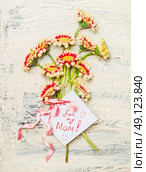 Mothers day card with Pretty flowers bunch, rose ribbon and handwritten text : for my mom on light shabby chic background, top view. Стоковое фото, агентство Ingram Publishing / Фотобанк Лори