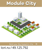 Flat isometric map, landscape city, building skyscraper, picture of the nature, parks, cafe, landmarks. Vector 3d top view block dormitory area. Стоковая иллюстрация, агентство Ingram Publishing / Фотобанк Лори