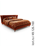 A bed with a red comforter and pillows. Стоковое AI-изображение, AI-художник Ярославский Максим / Фотобанк Лори