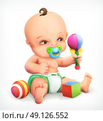 Kid with a rattle, baby with pacifier, an infant in nappies, a little boy exploring his toys are maraca, vector icon. Стоковая иллюстрация, агентство Ingram Publishing / Фотобанк Лори
