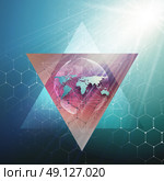 Green dotted world globe, connecting lines and dots on dark color background. Chemistry pattern, hexagonal molecule structure, medical research. Medicine, technology concept. Abstract design vector decoration. Стоковая иллюстрация, агентство Ingram Publishing / Фотобанк Лори