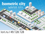 Isometric module of the modern 3D city. Winter landscape with snowy trees and streets. Three-dimensional views of skyscrapers, houses, buildings and urban areas with transport roads, intersections and urban infrastructure. Стоковая иллюстрация, агентство Ingram Publishing / Фотобанк Лори