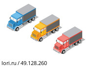 Set cargo truck isometric transportation icon. Lorry with container transport isolated on white background. Industrial logistics. For commercial delivery infographics, web design. Стоковая иллюстрация, агентство Ingram Publishing / Фотобанк Лори