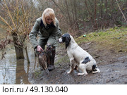 Girl working her spaniel, across water, on a shoot. Стоковое фото, агентство Ingram Publishing / Фотобанк Лори