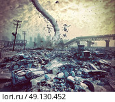 Ruins of a city and tornado. Disaster landscape.3d illustration concept. Стоковое фото, агентство Ingram Publishing / Фотобанк Лори